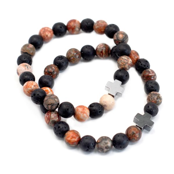 Set of 2 Gemstones Friendship Bracelets - Eternity - Leopard Skin Jasper & Lava Stone - Image 2