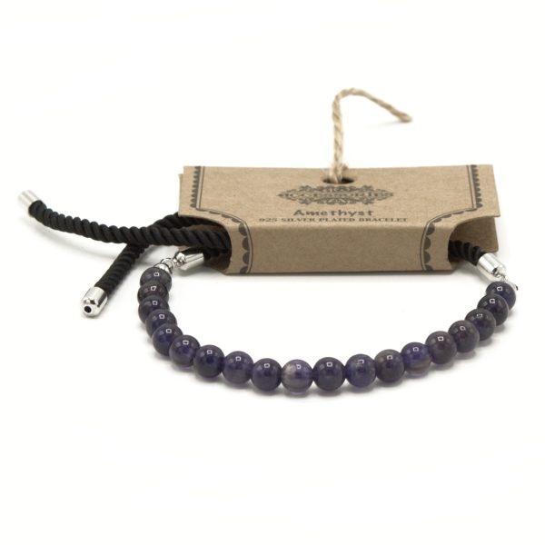 925 Silver Plated Gemstone Black String Bracelet - Amethyst - Image 2
