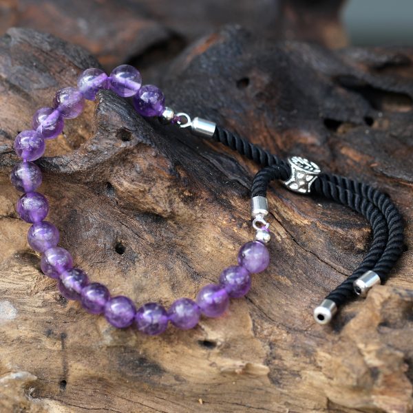 925 Silver Plated Gemstone Black String Bracelet - Amethyst - Image 4