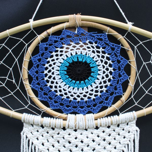 Protection Dream Catcher - Lrg Macrame Evil Eye Blue/White/Black - Image 3