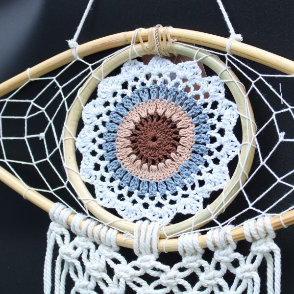 Protection Dream Catcher - Med Macrame Evil Eye White/ Grey/Brown - Image 2