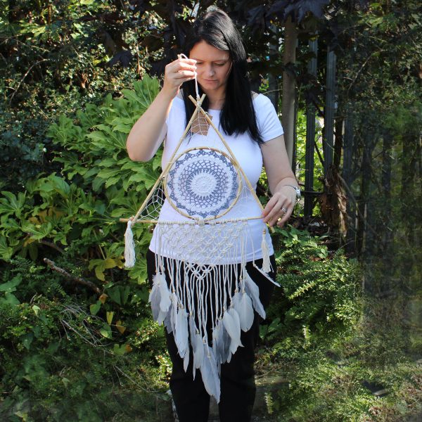 Protection Dream Catcher - Lrg Macrame Pyramid White/Grey - Image 3