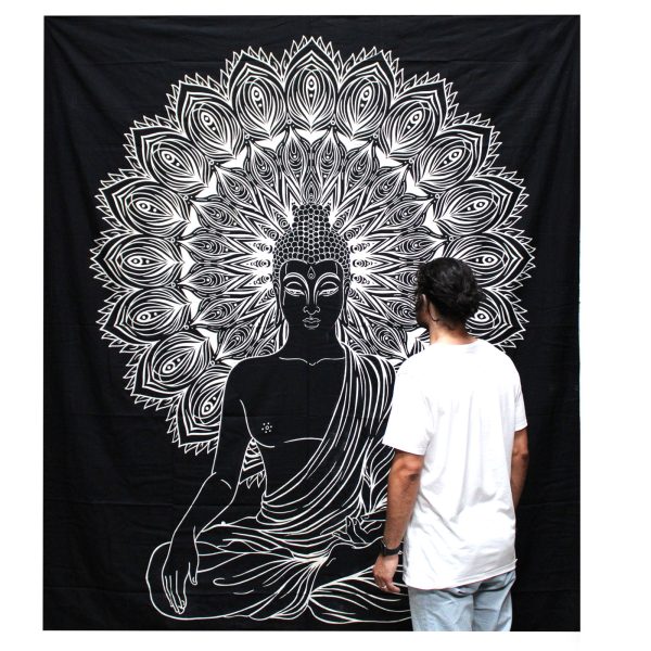 B&W Double Cotton Bedspread + Wall Hanging - Buddha - Image 2
