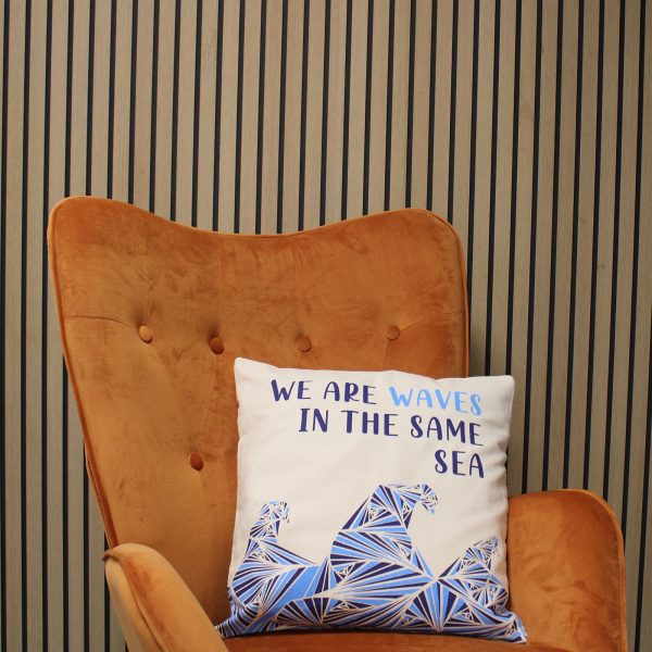 Printed Cotton Cushion Cover - We are Waves - Grey, Blue and Natural - Image 2