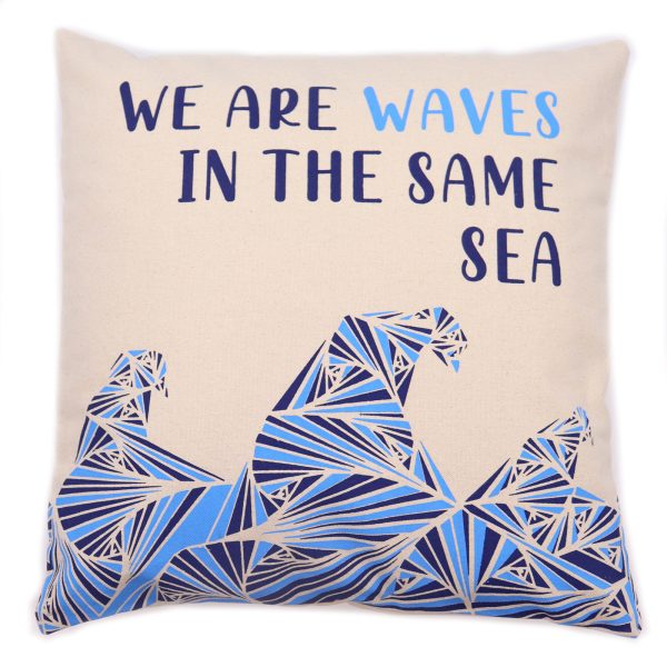 Printed Cotton Cushion Cover - We are Waves - Grey, Blue and Natural - Image 3