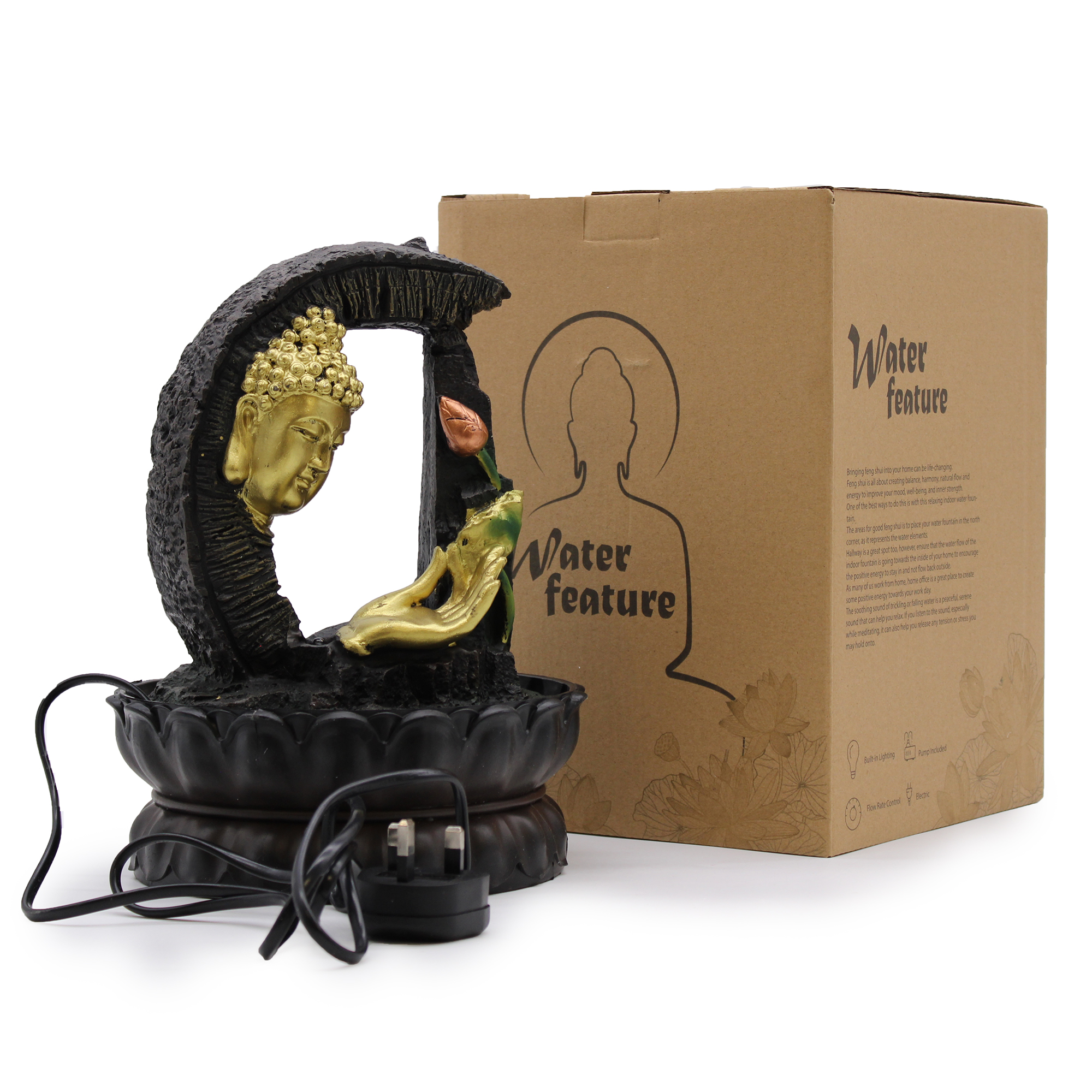 Tabletop Water Feature - 30cm - Golden Buddha & Lotus - Image 2