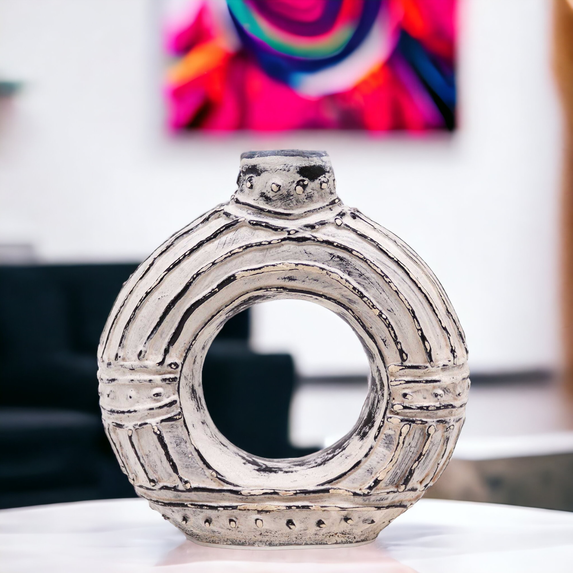 Round Donut Shaped Vase - Cream 18cm - Image 4