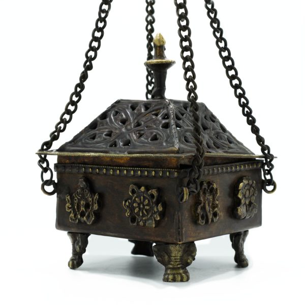 Brass Tibetan Burner - Eight Symbols Square Hanging Pot - Image 2