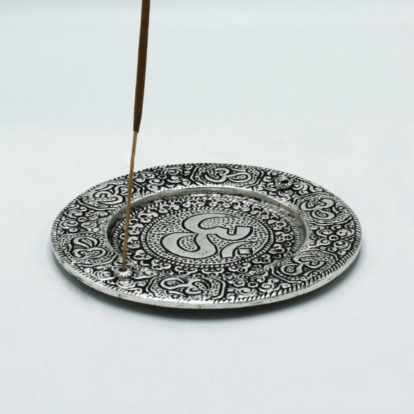 Polished Aluminium Om Round Incense Holder 11cm - Image 2
