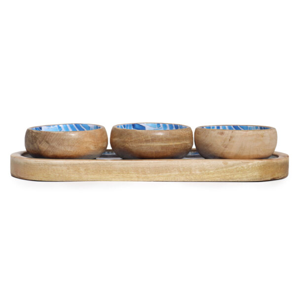 Mango Wood Tray with 3 Bowls - Blue Stripes - Image 3