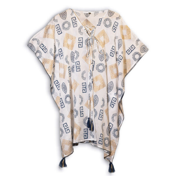 Nomad Sari On the Med Collection - Kaftan - Gold & Blue Greek Motiff - Handpainted - Image 2