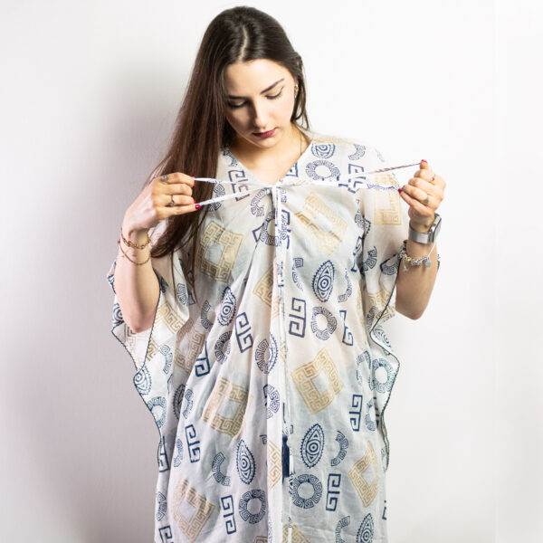 Nomad Sari On the Med Collection - Kaftan - Gold & Blue Greek Motiff - Handpainted - Image 3