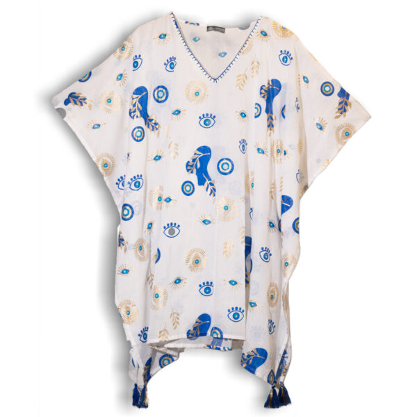 Nomad Sari On the Med Collection - Kaftan - White , Blue & Gold Evil Eye Design - Image 2