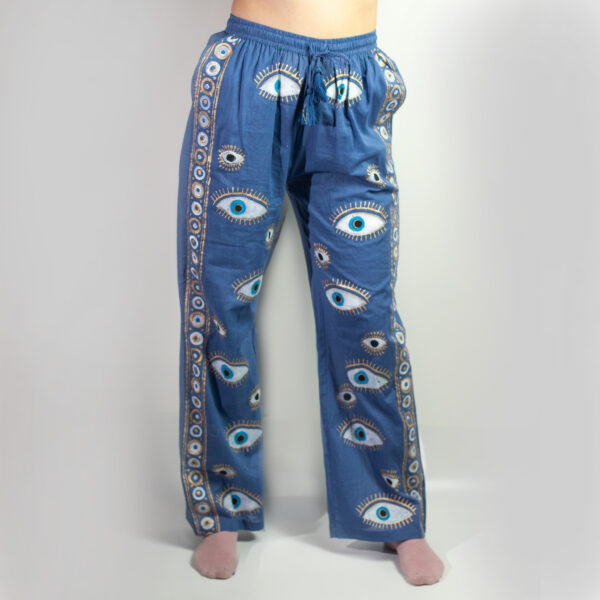 (ML) Nomad Sari On the Med Collection - Lounge Pants - Rich Blue & Gold Hand Painted Evil Eye Design - Image 3