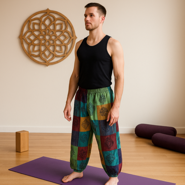 Nomad Sari - Mushroom Pants - Block Print Designs -Green Tones L/XL