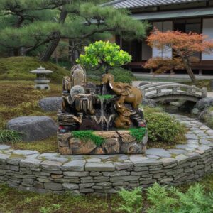Tabletop Water Feature -30x20x35cm - Elephants in Love, Crystal Ball, Light & Watermill