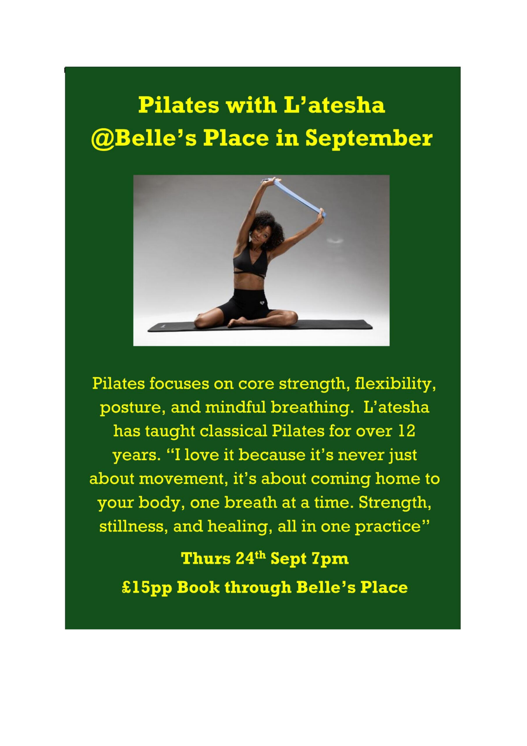 Pilates with L’atesha @Belle’s Place in September